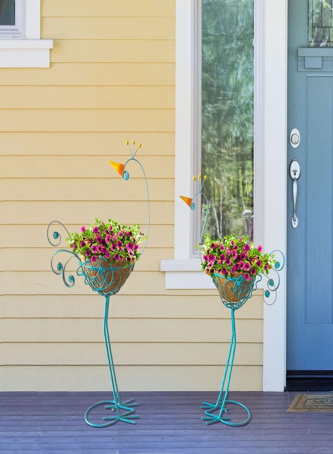 J-Fly Peacock Metal Plant Stand 2 Sets Flower Pots Holders, Planters for Outdoor Indoor Plants with Coconut Pots, Front Porch Garden Balcony Patio Decor for Plant Lovers Blue Peacock Flower Stand - Image 2