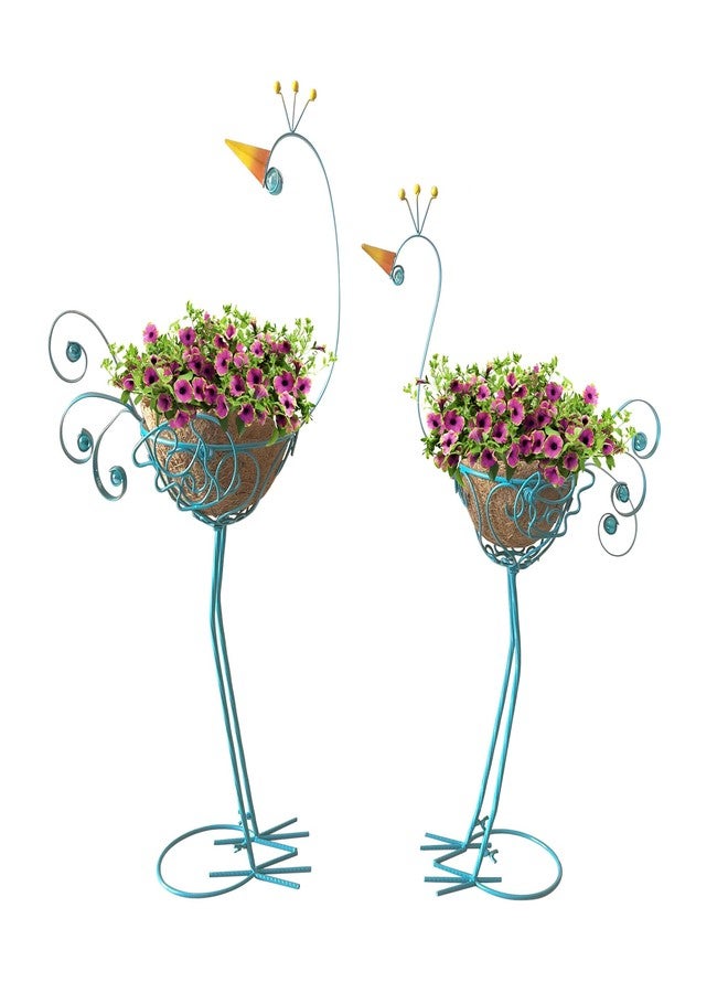 J-Fly Peacock Metal Plant Stand 2 Sets Flower Pots Holders, Planters for Outdoor Indoor Plants with Coconut Pots, Front Porch Garden Balcony Patio Decor for Plant Lovers Blue Peacock Flower Stand - Image 1