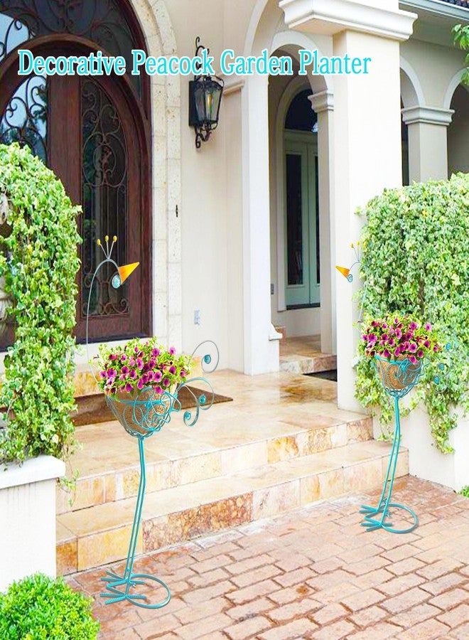 J-Fly Peacock Metal Plant Stand 2 Sets Flower Pots Holders, Planters for Outdoor Indoor Plants with Coconut Pots, Front Porch Garden Balcony Patio Decor for Plant Lovers Blue Peacock Flower Stand - Image 3