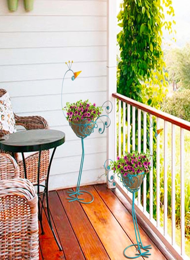 J-Fly Peacock Metal Plant Stand 2 Sets Flower Pots Holders, Planters for Outdoor Indoor Plants with Coconut Pots, Front Porch Garden Balcony Patio Decor for Plant Lovers Blue Peacock Flower Stand - Image 5