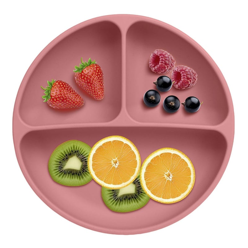 Xacton Silicone Suction Plates for Baby Microwave,Dishwasher, Freezer Safe Unbreakable | 3 Divided Portion with 4 Suction Cup Feeding Plate for Baby & Toddlers (Pink) - Image 1