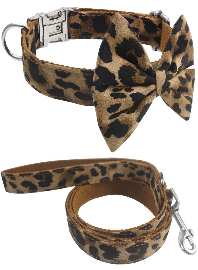 YOY Soft Comfortable Adjustable Leopard Print Pet Collar with Bowtie, Heavy Duty Dog Collar and Leash Set for Small Medium Large Dogs Cats, Puppy Grooming Doggy Accessories, Length 12"-16" - Image 1