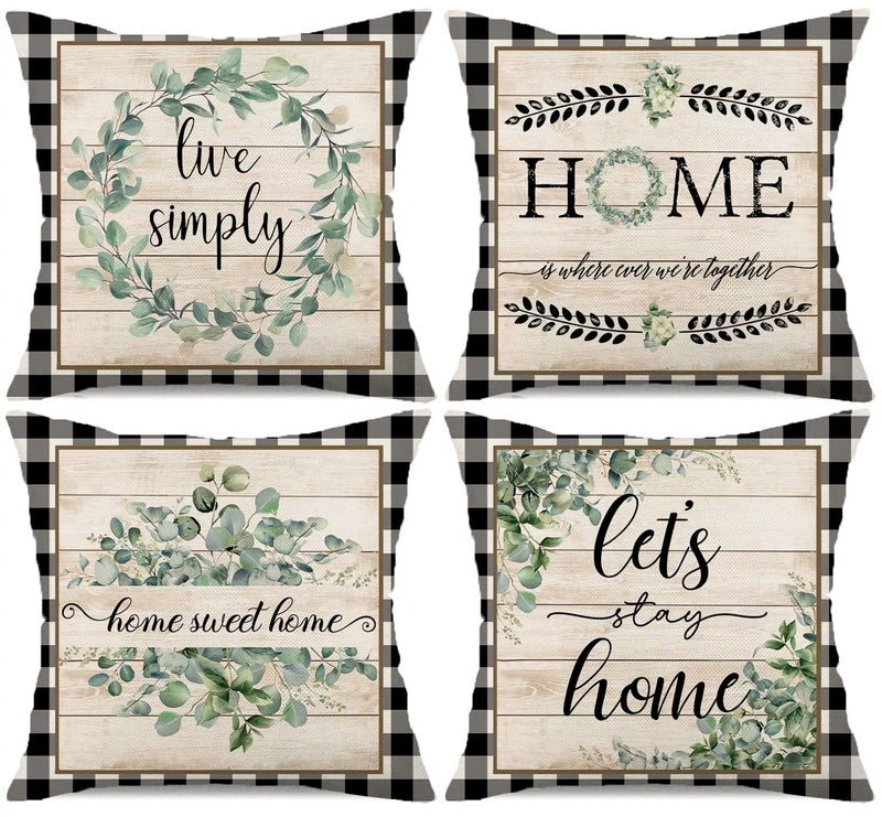 Rustic Farmhouse Quote Eucalyptus Pillow Covers Black Buffalo Plaids Farmhouse Decorative Throw Pillow Case Cushion Cover 18"" x 18"" Summer Decor Set of 4 Home Sweet Home