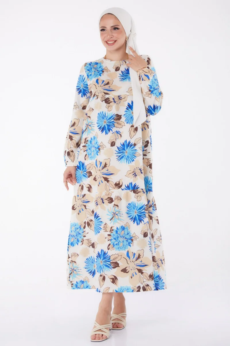 Tofisa Plain Crew Neck Women's Blue Patterned Dress - 13244