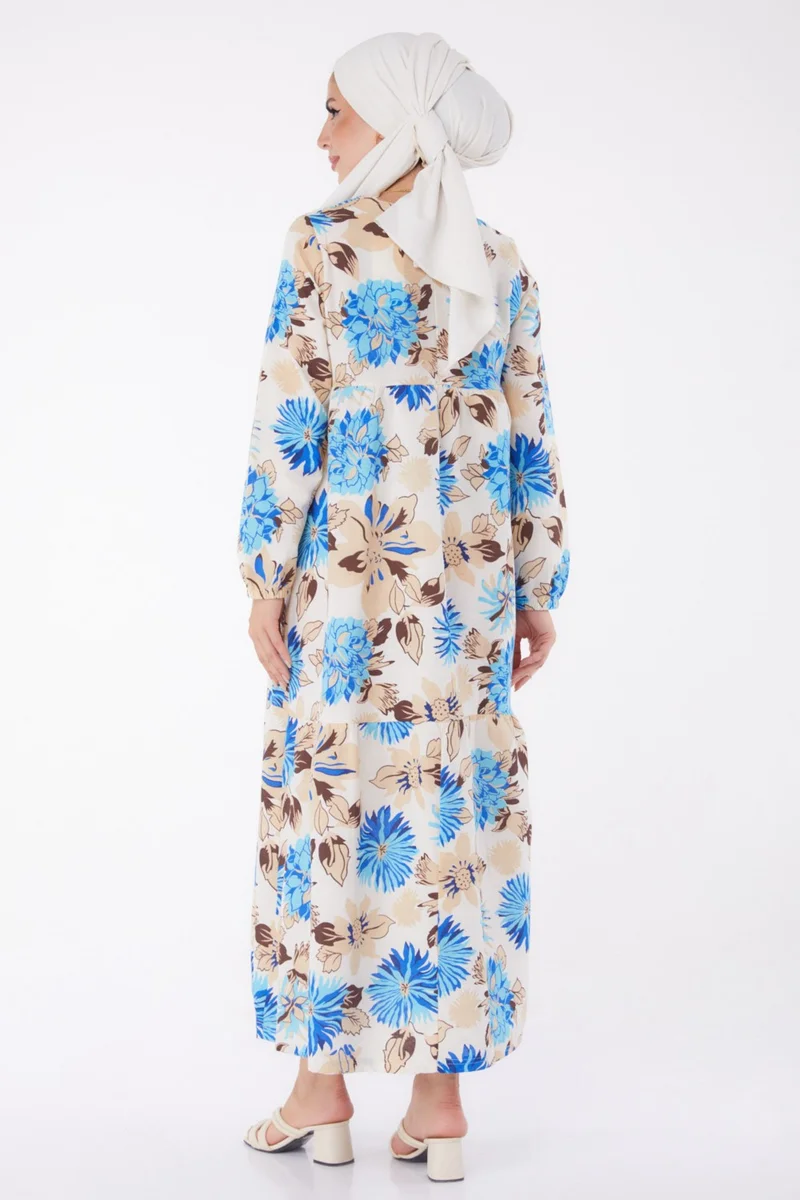 Tofisa Plain Crew Neck Women's Blue Patterned Dress - 13244
