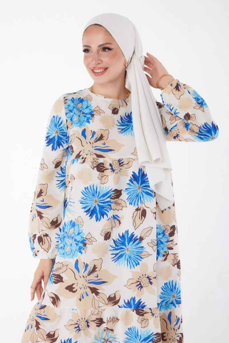Tofisa Plain Crew Neck Women's Blue Patterned Dress - 13244