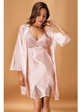 Nurteks 5325 Women's Satin Thread Strap Nightgown Dressing Gown Set-Powder 