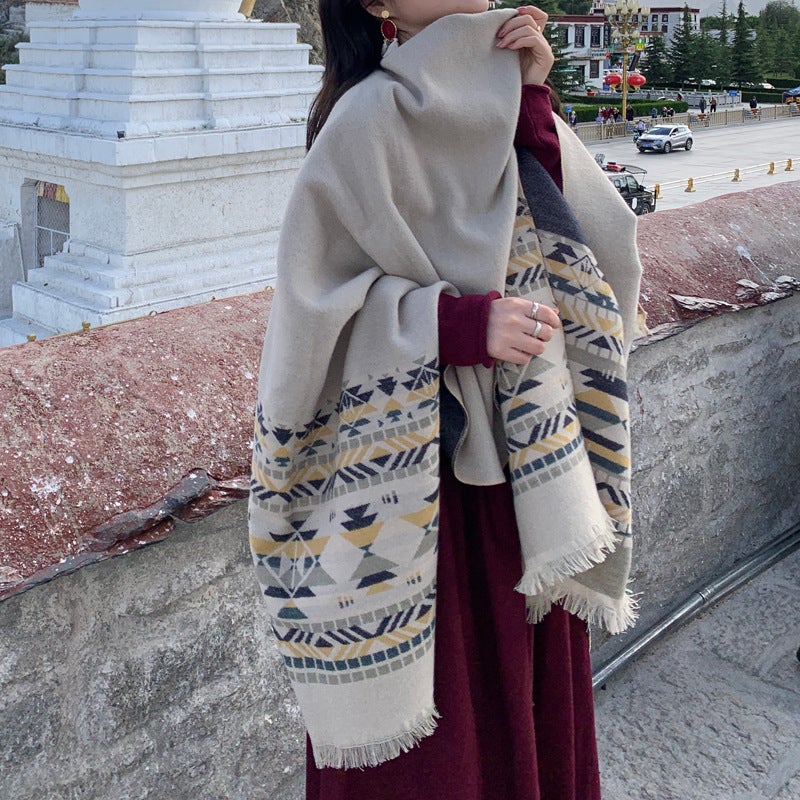 Ethnic Style Travel Large Shawl Womens Cashmere Wool Scarf Cloak Tassel Air-conditioned Room Cloak Blanket Trendy Short whiskers 