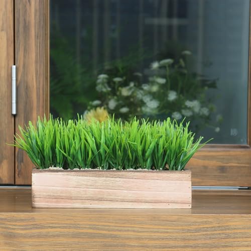 COTSEN 11 Inch Artificial Green Grass Plant Fake Potted Plant Rectangular Wooden Planter Box are Suitable for Family Office Wedding Store Indoor Outdoor Decor - Image 4