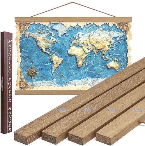DACRI HOME 50 Sturdy Magnetic Poster Hanger Frame  Teak Wood Poster Frame Strong Magnets for Safe Hanging Maps Pictures Print Scroll Wall Art 50 Inch Natural Wood