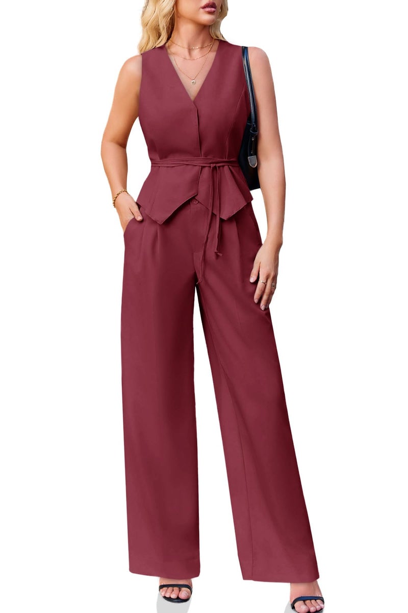 Cicy Bell Women's 2 Piece Outfits Sleeveless Tie Waist Suit Vest and Wide Leg Pants Business Casual Blazer Sets Burgundy - Image 1