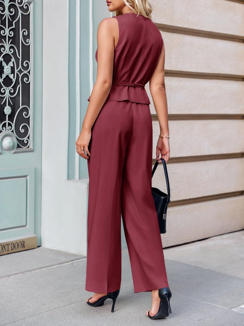 Cicy Bell Women's 2 Piece Outfits Sleeveless Tie Waist Suit Vest and Wide Leg Pants Business Casual Blazer Sets Burgundy - Image 3