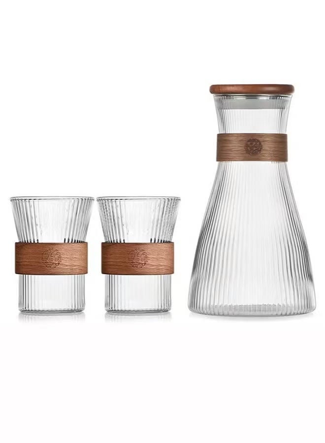 1600ML Glass Jug Set with 2 Cups – High Borosilicate Carafe for Tea, Coffee, Juice & Iced Tea, Heat-Insulated Wood Chip Vertical Stripe Mugs, Dishwasher Safe - Image 2