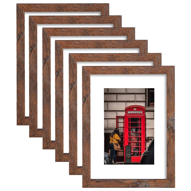 PWTAKO 8x10 Picture Frame Set of 6 Display Pictures 5x7 with Mat or 8x10 Without Mat for Wall Mounting Rustic Brown