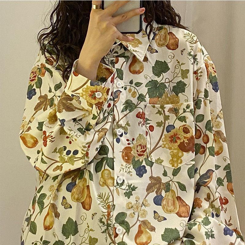 2024 Autumn New Style American Retro Loose Hong Kong Style Floral Long Sleeve Shirt Design Sense Niche Shirt Top Fashion - Image 3