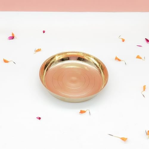 DOKCHAN Brass Plain Design Heavy Plate for Store kumkum, haldi, akshat, Prashad/Heavy Small thali for Pooja Purpose Round Shape Plate (Size - 14.5cm) Pack of 4 - Image 3