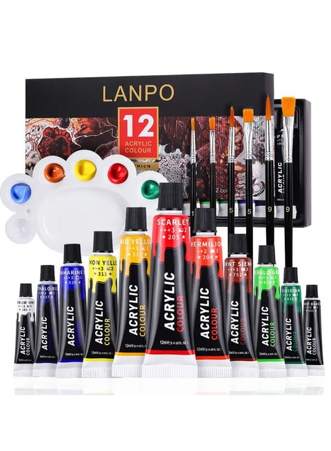 12 Colors Acrylic Paint Set(12ml/0.4oz), Painting Art Set With 6 Brushes and 1 Palette, For Canvas Art and Rock, Wood Painting - Non-Toxic Kit Ideal for DIY Crafts and Beginner Artists