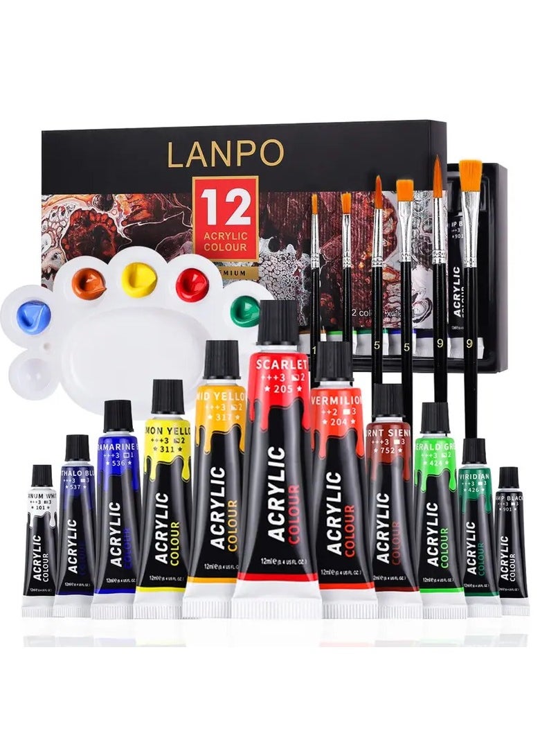 Lanpo 12 Colors Acrylic Paint Set(12ml/0.4oz), Painting Art Set With 6 Brushes and 1 Palette, For Canvas Art and Rock, Wood Painting - Non-Toxic Kit Ideal for DIY Crafts and Beginner Artists  - Image 1