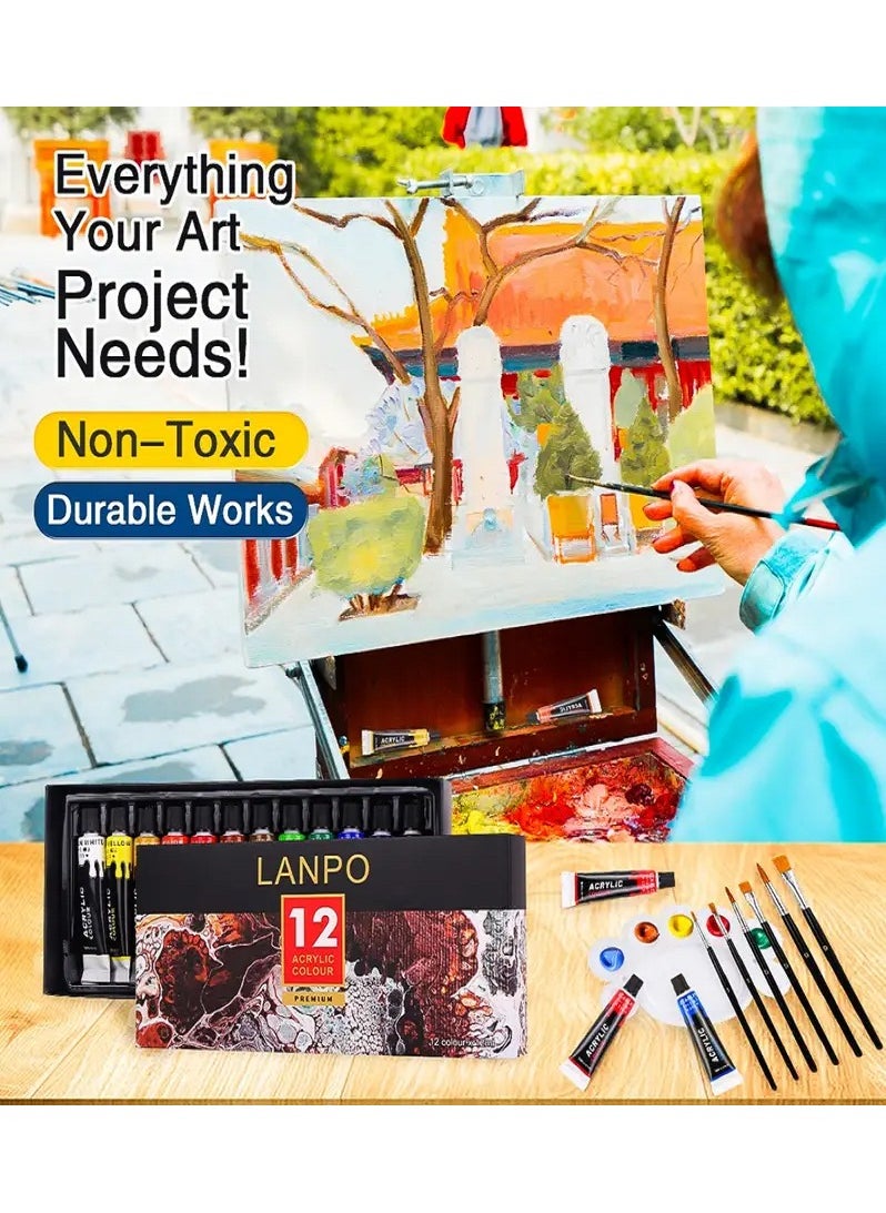 Lanpo 12 Colors Acrylic Paint Set(12ml/0.4oz), Painting Art Set With 6 Brushes and 1 Palette, For Canvas Art and Rock, Wood Painting - Non-Toxic Kit Ideal for DIY Crafts and Beginner Artists  - Image 3