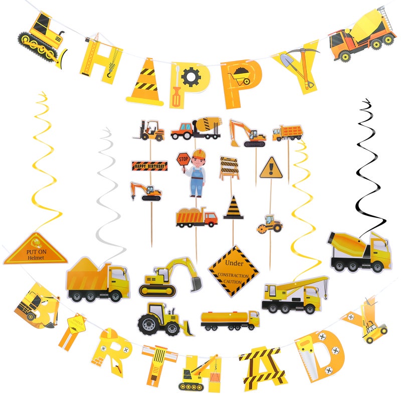 1 Set Construction Vehicle Banner Birthday Cake Topper Birthday Party Decor - Image 1