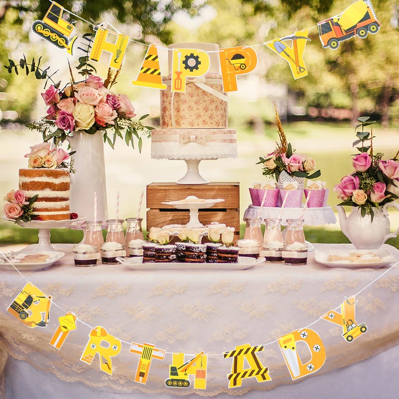 1 Set Construction Vehicle Banner Birthday Cake Topper Birthday Party Decor - Image 2