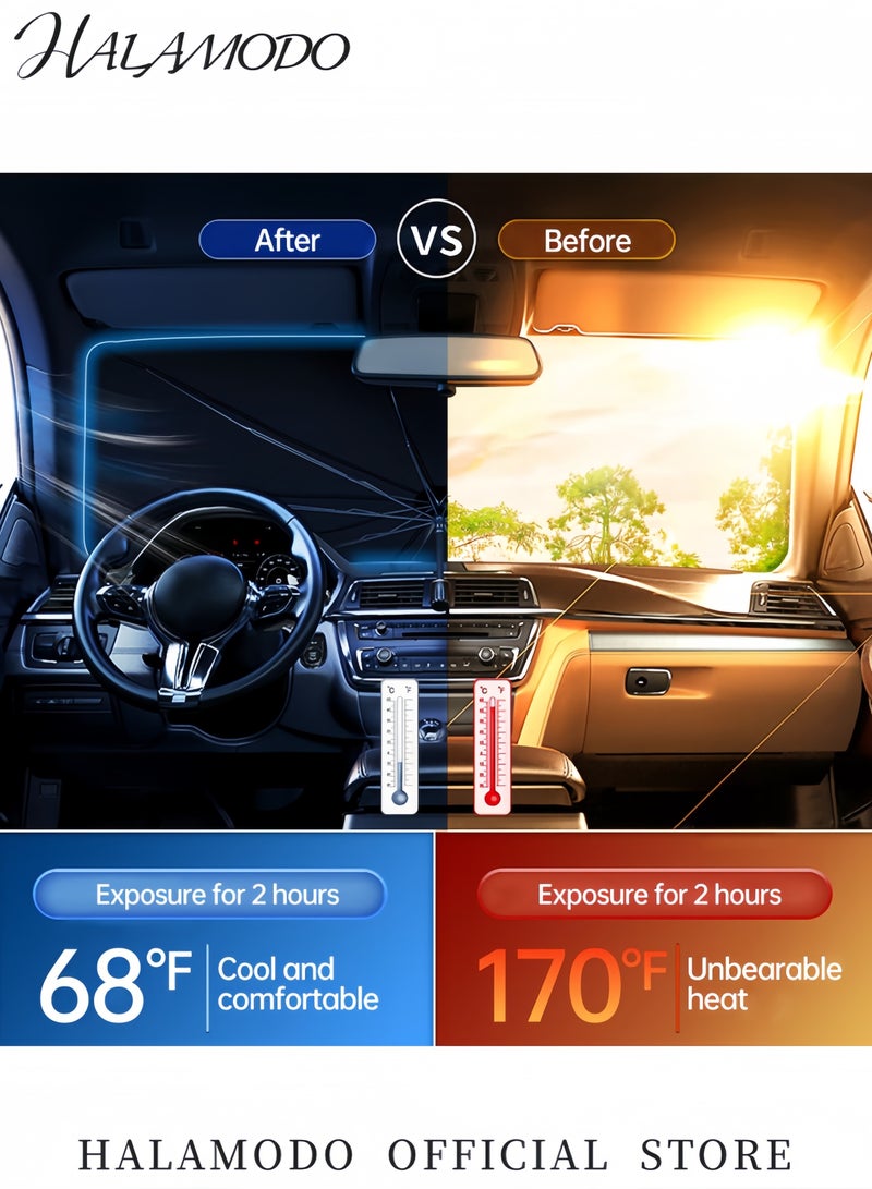 HALAMODO Car Windshield Sun Shade Umbrella Foldable UV Blocker Sun Visor Front Window Heat Insulation Reflective Auto Shade for SUV Truck Sedan Dashboard Protector Sunshade Cover - Image 2