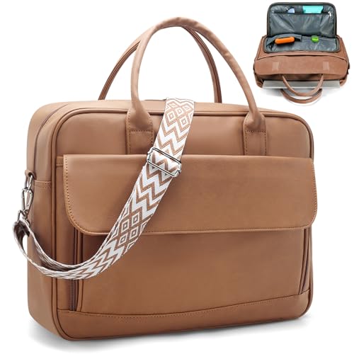 SUCIKORIO Teacher Tote Bag for Women 17inch PU Leather Laptop Briefcase Nurse Bags Professional Work Computer Bags Large Messenger Office Bag For Nursing, School, College, Brown - Image 1
