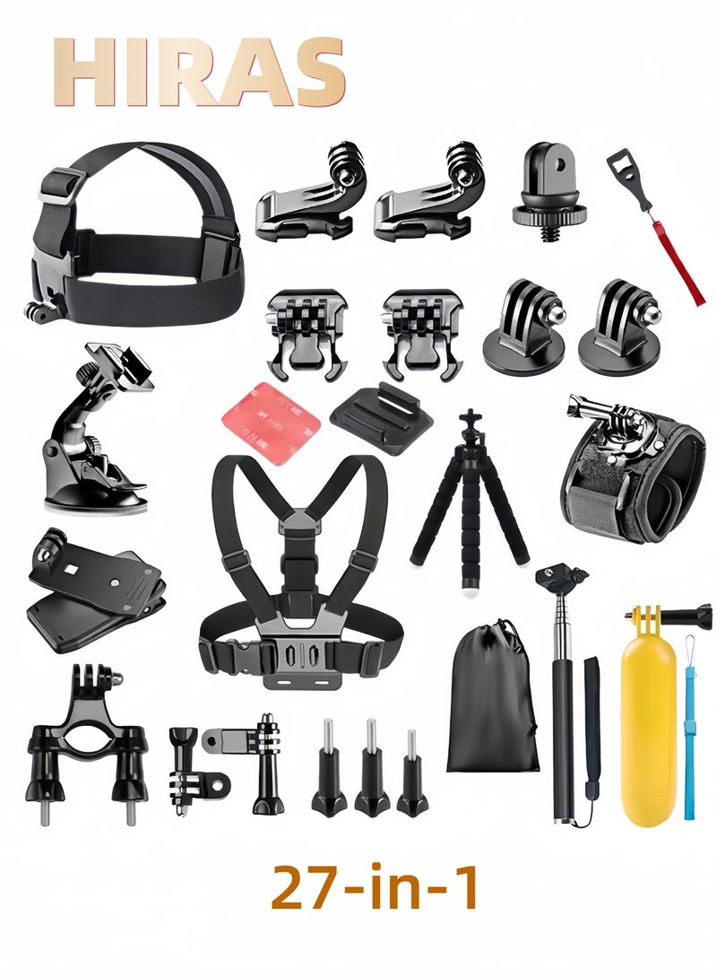 Hiras 27-in-1 Action Camera Accessories Kit Compatible with GoPro Hero 9/10, Xiaomi Yi, SJCAM - Essential Outdoor Sports filming Equipment Set with Mounts - Image 1