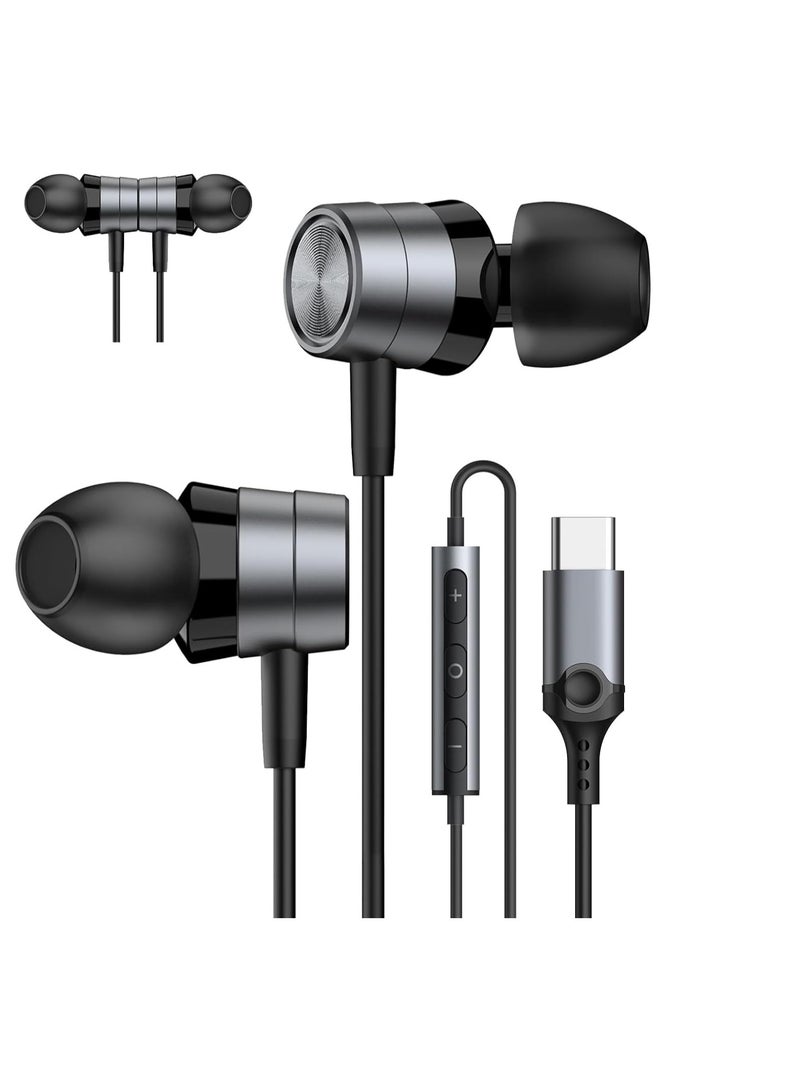Metallic USB-C Headphones with Microphone, Magnetic Wired Earbuds featuring Volume Control and Noise Isolation for Samsung Galaxy, iPad, Pixel - Grey and Black. - Image 1