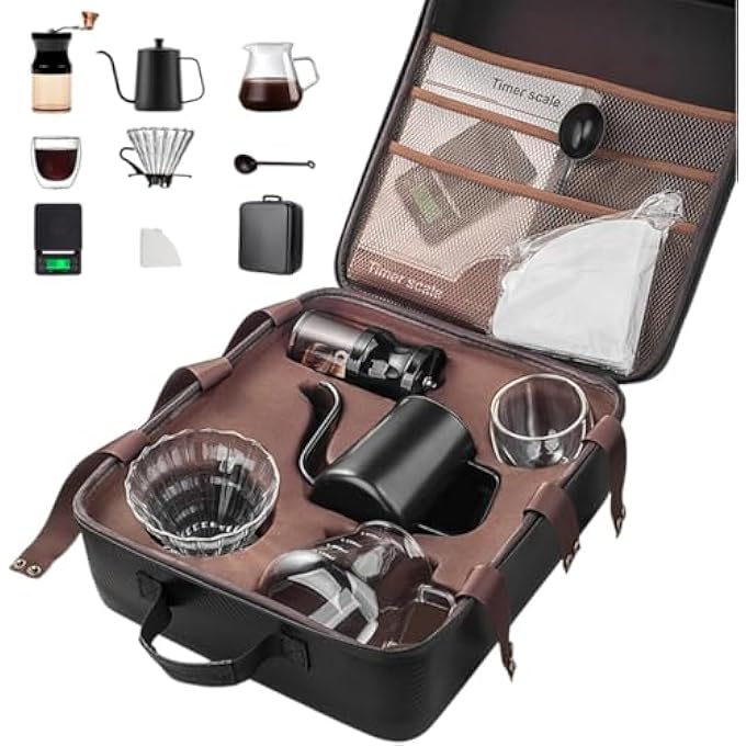 ريحني ماكينة صنع القهوة بالتنقيط، مجموعة أدوات قهوة V60، مكونة من 9 قطع، مع جهاز تنقيط يدوي، ومجموعة ماكينة صنع القهوة مع حقيبة محمولة، وطاحونة قهوة، وفلتر غلاية - Image 1