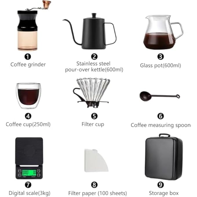 ريحني ماكينة صنع القهوة بالتنقيط، مجموعة أدوات قهوة V60، مكونة من 9 قطع، مع جهاز تنقيط يدوي، ومجموعة ماكينة صنع القهوة مع حقيبة محمولة، وطاحونة قهوة، وفلتر غلاية - Image 3