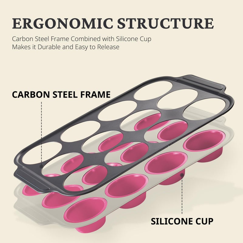 BRONYPRO Silicone Muffin Pans for Baking with Metal Frame, Egg Bite Molds, Cupcake Pans 12 Regular Size, Muffin Tins Easy to Pop Nonstick Non Toxic Bakeware for Oven,Rose Pink - Image 2