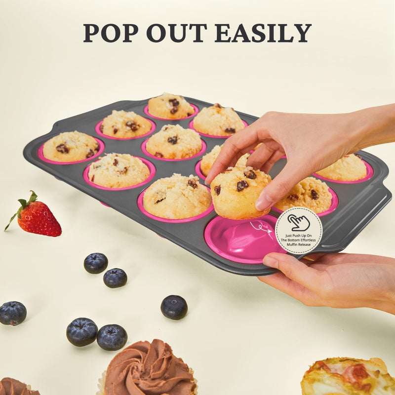 BRONYPRO Silicone Muffin Pans for Baking with Metal Frame, Egg Bite Molds, Cupcake Pans 12 Regular Size, Muffin Tins Easy to Pop Nonstick Non Toxic Bakeware for Oven,Rose Pink - Image 4