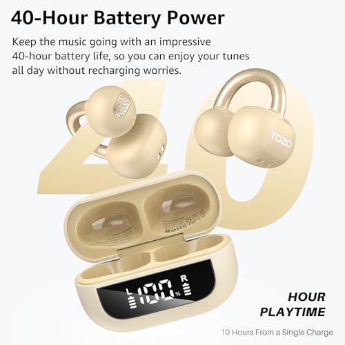 TOZO سماعات أذن مفتوحة TOZO OpenEarRing، سماعات أذن لاسلكية خفيفة الوزن ومريحة، 40 ساعة تشغيل بتقنية بلوتوث 5.4 مع تصميم عرض رقمي ذكي مناسب للرياضة والجري، لون كاكي - Image 4