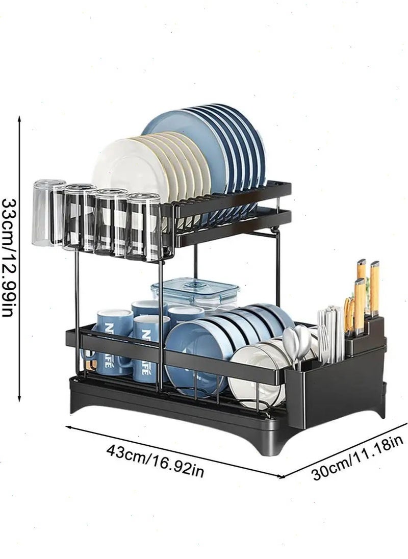 Yoawllty Dish Drying Rack,  Kitchen Rack, Dish Stand, 2-Tier Dish Drying Stand with 360° Rotating Drainer Board, Rust Proof Dish Drainer with Utensil Holders  - Image 3