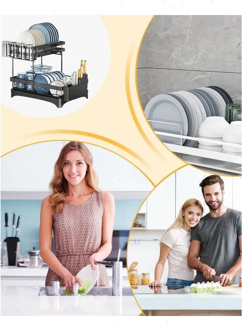 Yoawllty Dish Drying Rack,  Kitchen Rack, Dish Stand, 2-Tier Dish Drying Stand with 360° Rotating Drainer Board, Rust Proof Dish Drainer with Utensil Holders  - Image 5