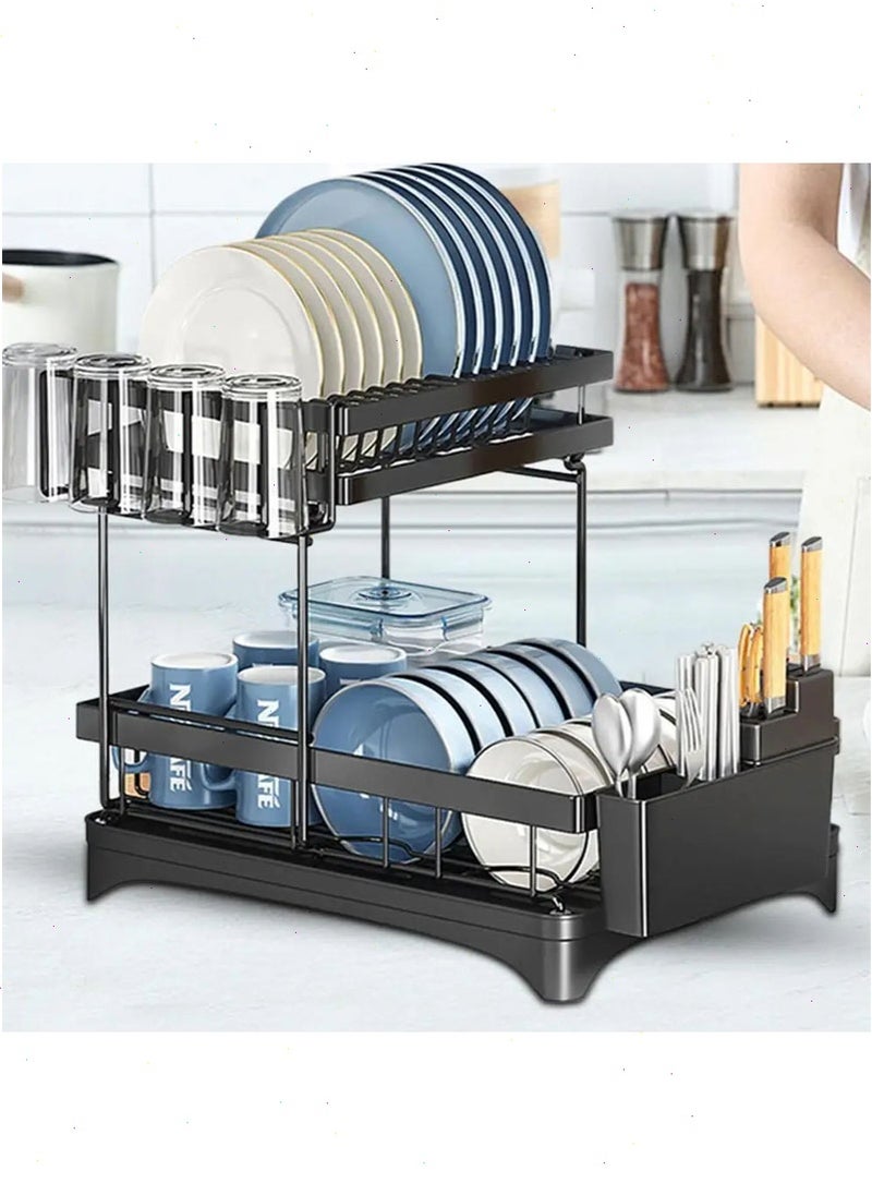 Yoawllty Dish Drying Rack,  Kitchen Rack, Dish Stand, 2-Tier Dish Drying Stand with 360° Rotating Drainer Board, Rust Proof Dish Drainer with Utensil Holders  - Image 2