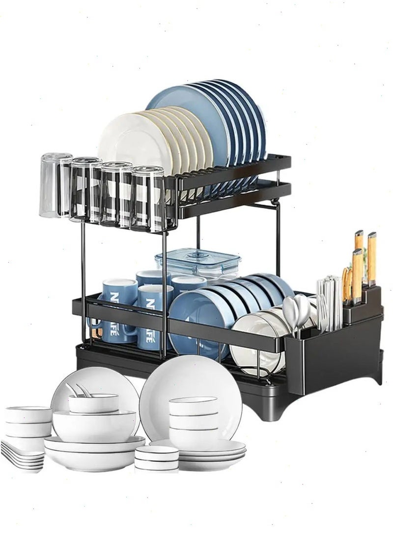 Yoawllty Dish Drying Rack,  Kitchen Rack, Dish Stand, 2-Tier Dish Drying Stand with 360° Rotating Drainer Board, Rust Proof Dish Drainer with Utensil Holders  - Image 4