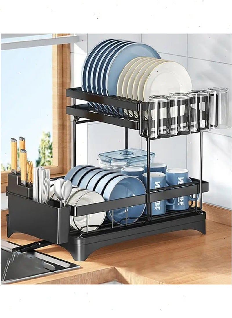 Yoawllty Dish Drying Rack,  Kitchen Rack, Dish Stand, 2-Tier Dish Drying Stand with 360° Rotating Drainer Board, Rust Proof Dish Drainer with Utensil Holders  - Image 1