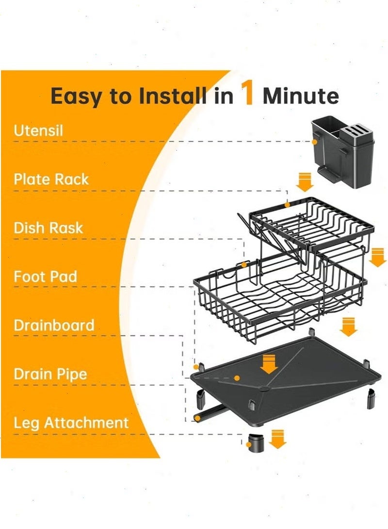 Yoawllty Double Tier Dish Drying Rack, Black Carbon Steel Dish Drainer with 360° Swivel Drainage Spout, Utensil Holder, Cup Holder & Cutting Board Holder for Kitchen Counter - Image 3