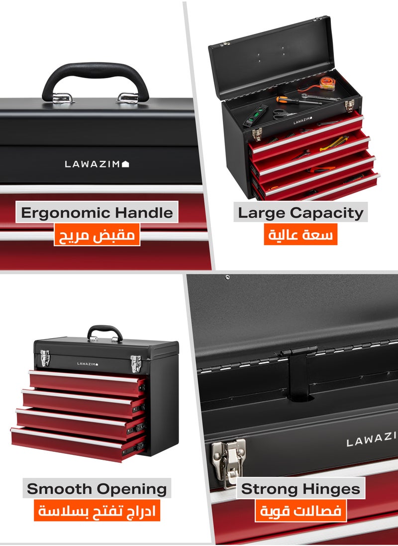 LAWAZIM 4-Drawers Tool Box with Handle -Black- Portable Tool Storage Box with Secure Latches, Multi-Compartment Organizer for Mechanics DIY, and Home Use, Durable Lockable Toolbox with Carrying Handle  - Image 4
