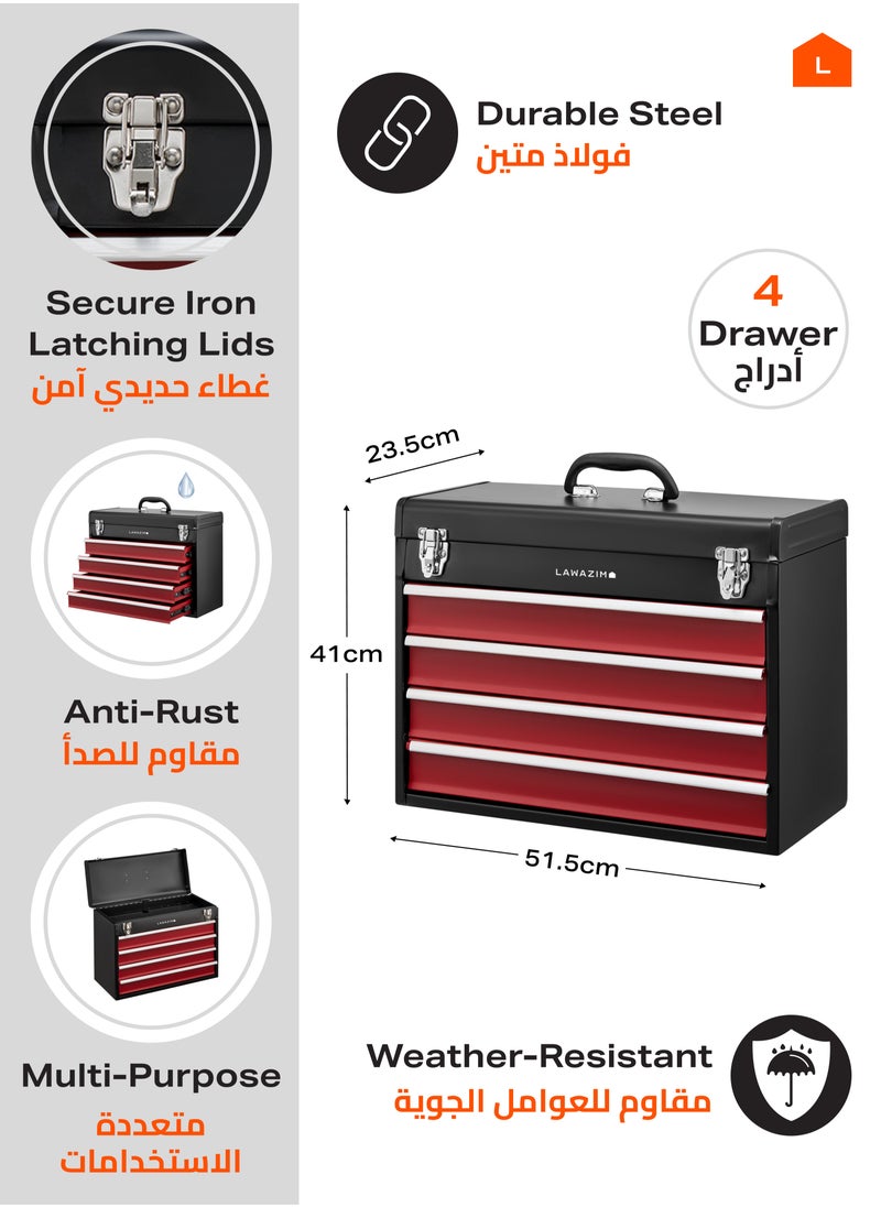 LAWAZIM 4-Drawers Tool Box with Handle -Black- Portable Tool Storage Box with Secure Latches, Multi-Compartment Organizer for Mechanics DIY, and Home Use, Durable Lockable Toolbox with Carrying Handle  - Image 2