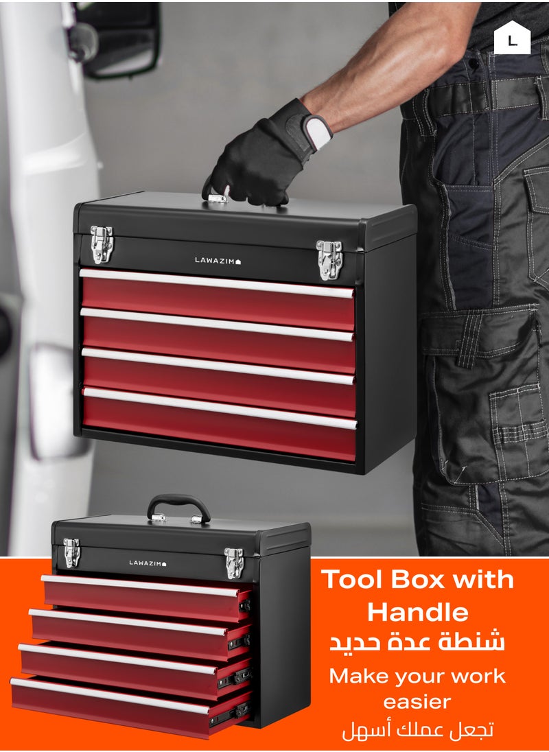 LAWAZIM - 4-Drawers Tool Box with Handle -Black- Portable Tool Storage Box with Secure Latches, Multi-Compartment Organizer for Mechanics DIY, and Home Use, Durable Lockable Toolbox with Carrying Handle - Image 1