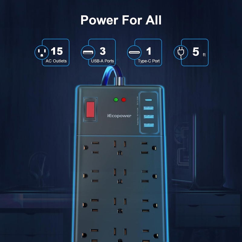 IECOPOWER Surge Protector Power Strip-15 Widely Spaced Outlets and 4 USB Ports(1 USB C Port),14 AWG Extension Cord,1875W/15A Heavy Duty Power Strip Surge Protector 5 ft Cord,2800J, ETL Listed,Black - Image 2