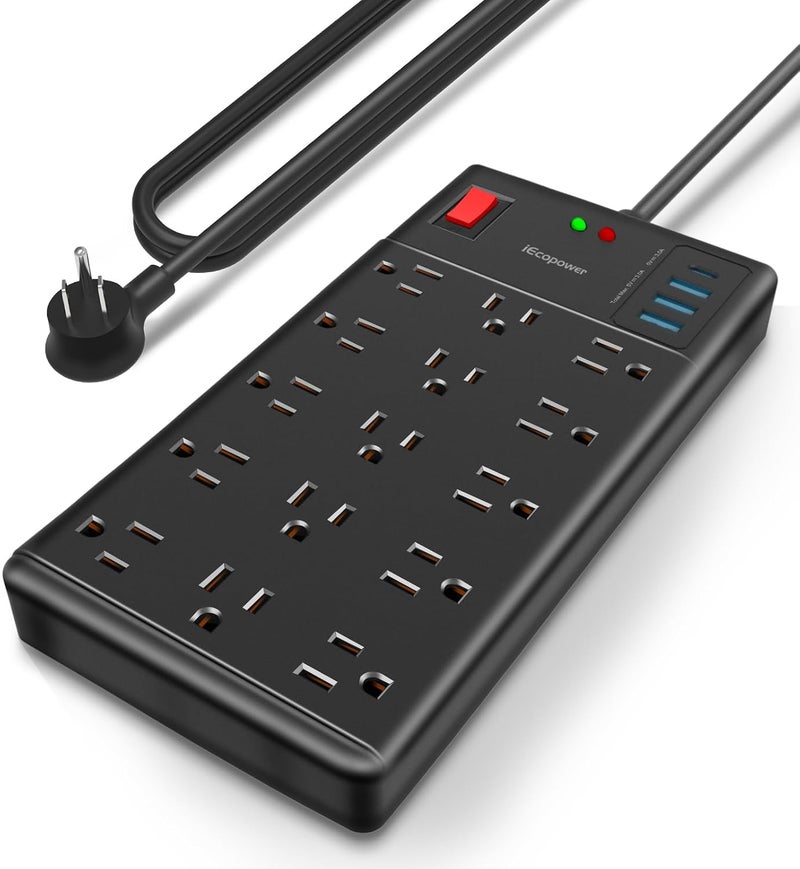 IECOPOWER Surge Protector Power Strip-15 Widely Spaced Outlets and 4 USB Ports(1 USB C Port),14 AWG Extension Cord,1875W/15A Heavy Duty Power Strip Surge Protector 5 ft Cord,2800J, ETL Listed,Black - Image 1