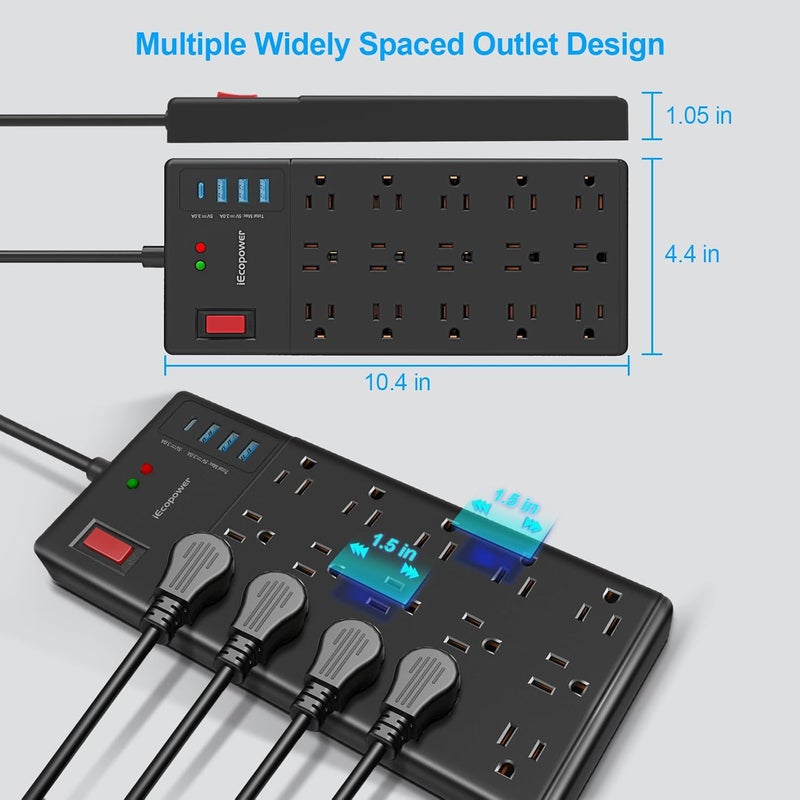 IECOPOWER Surge Protector Power Strip-15 Widely Spaced Outlets and 4 USB Ports(1 USB C Port),14 AWG Extension Cord,1875W/15A Heavy Duty Power Strip Surge Protector 5 ft Cord,2800J, ETL Listed,Black - Image 4