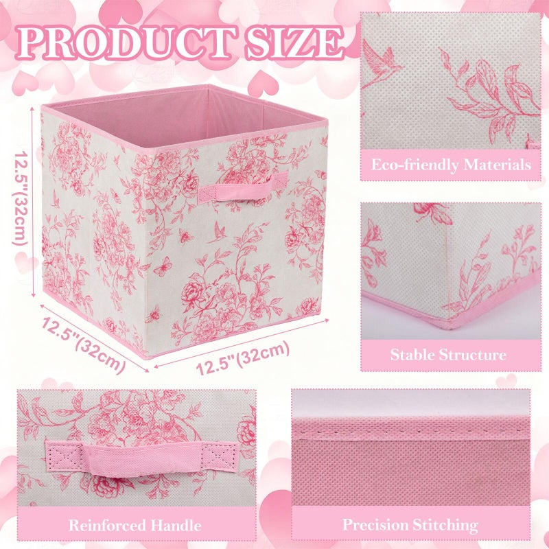 BBSET 6 Pcs Pink Floral Cube Storage Bins 12.5 Inch Pink Flower Storage Basket with Handle, Preppy Girls Organizer Basket, Collapsible Fabric Box for Classroom Bedrooms Office Home Decoration (Flower) - Image 2