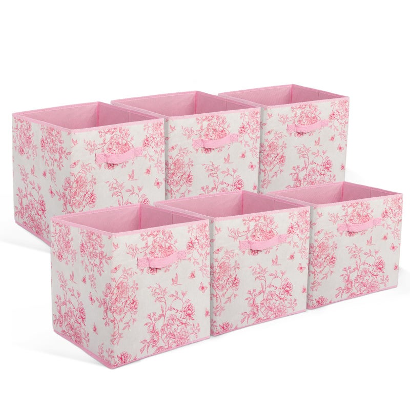 BBSET 6 Pcs Pink Floral Cube Storage Bins 12.5 Inch Pink Flower Storage Basket with Handle, Preppy Girls Organizer Basket, Collapsible Fabric Box for Classroom Bedrooms Office Home Decoration (Flower) - Image 1