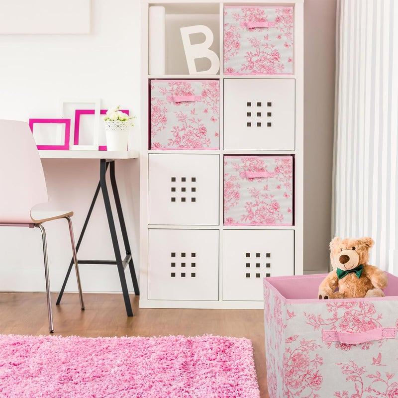 BBSET 6 Pcs Pink Floral Cube Storage Bins 12.5 Inch Pink Flower Storage Basket with Handle, Preppy Girls Organizer Basket, Collapsible Fabric Box for Classroom Bedrooms Office Home Decoration (Flower) - Image 4