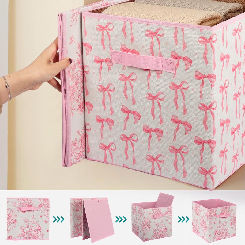 BBSET 6 Pcs Pink Floral Cube Storage Bins 12.5 Inch Pink Flower Storage Basket with Handle, Preppy Girls Organizer Basket, Collapsible Fabric Box for Classroom Bedrooms Office Home Decoration (Flower) - Image 3